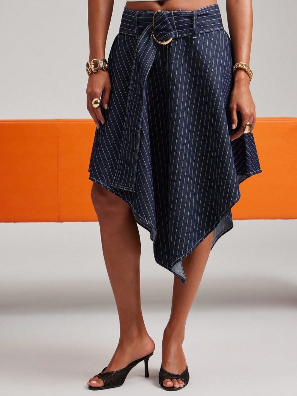 Dark Wash Casual Women's Loose Midi A-Line Zipper Belted Striped Denim Skirt - Picture 5 of 7